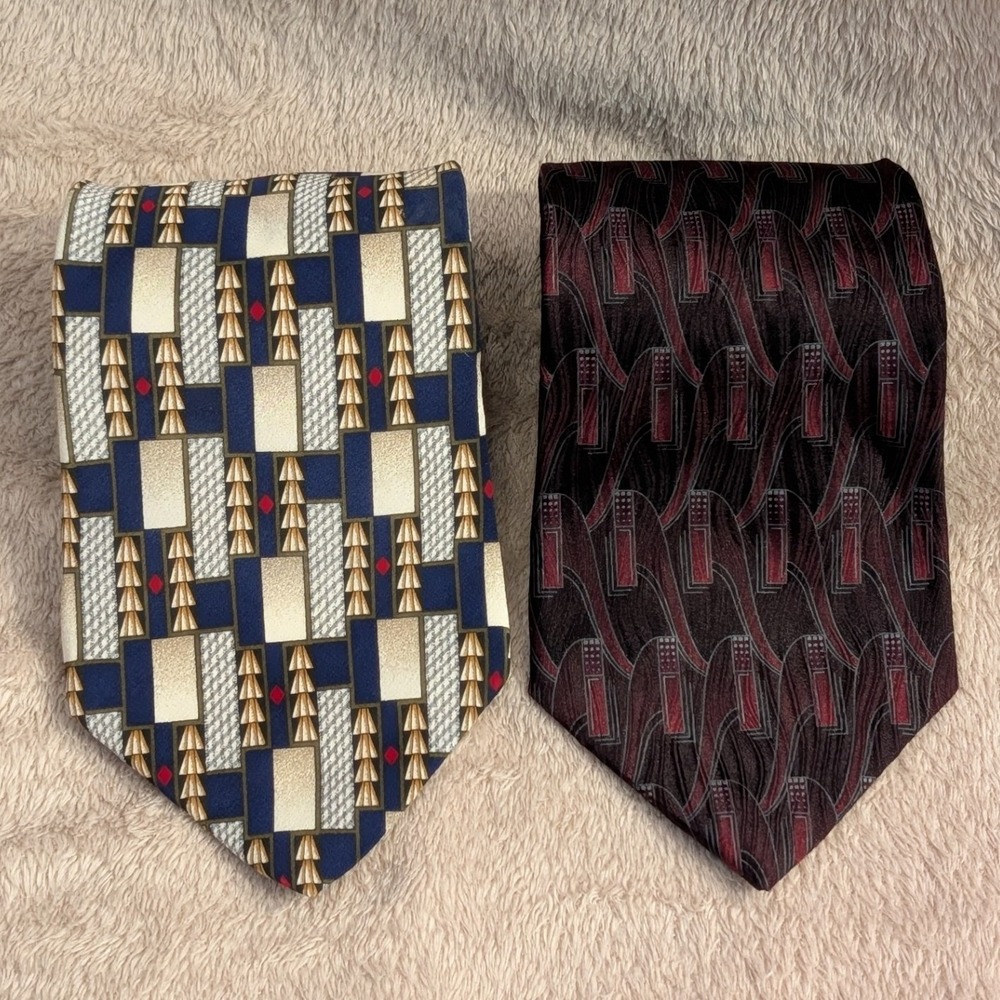 Zylos George Machado Silk Tie Set Geometric Abstract Blue Burgundy Red OS